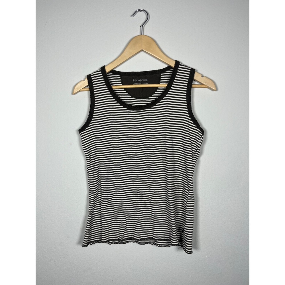 Y2K Liz Claiborne Brown White Striped Ribbed Tank Top Hem Womens Medium